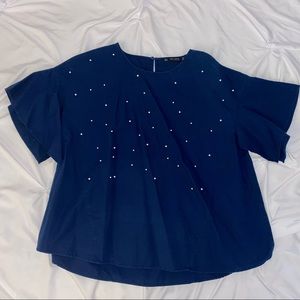 Zara Navy Blue Pearl Embellished Blouse